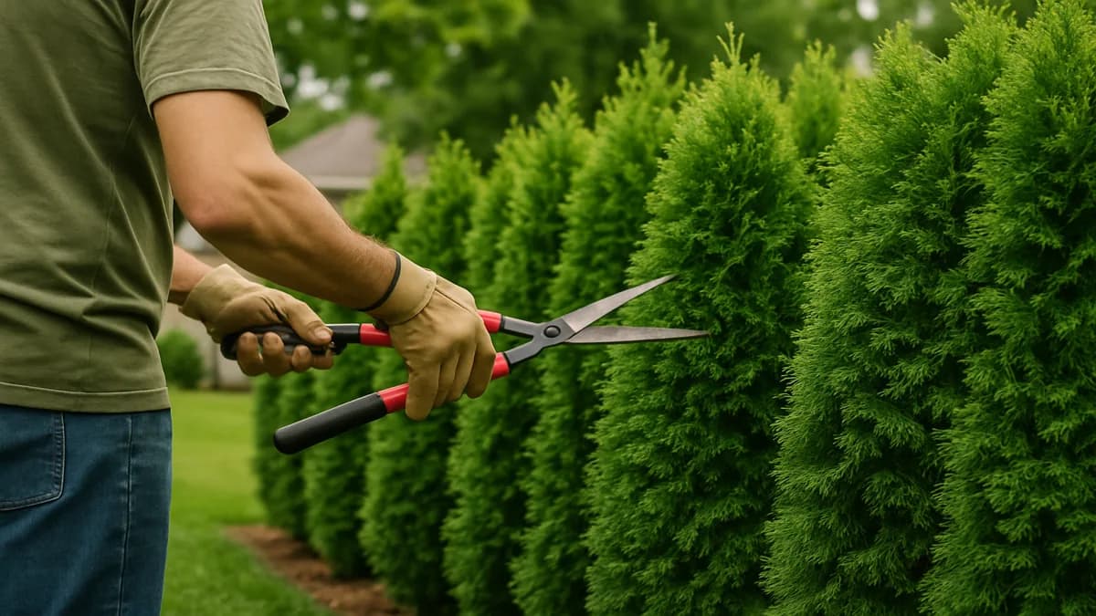 A row of mature privacy hedges screening a backyard, showing different hedge plant types and spacing.