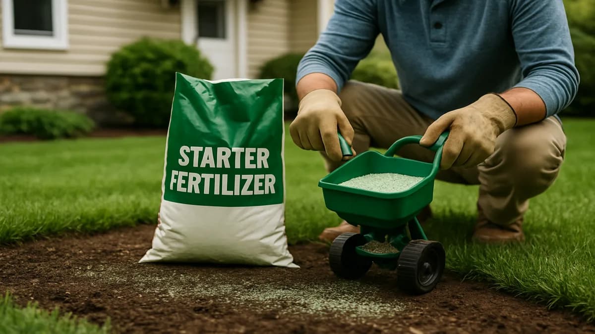 Homeowner spreading starter fertilizer on bare soil before seeding a new lawn