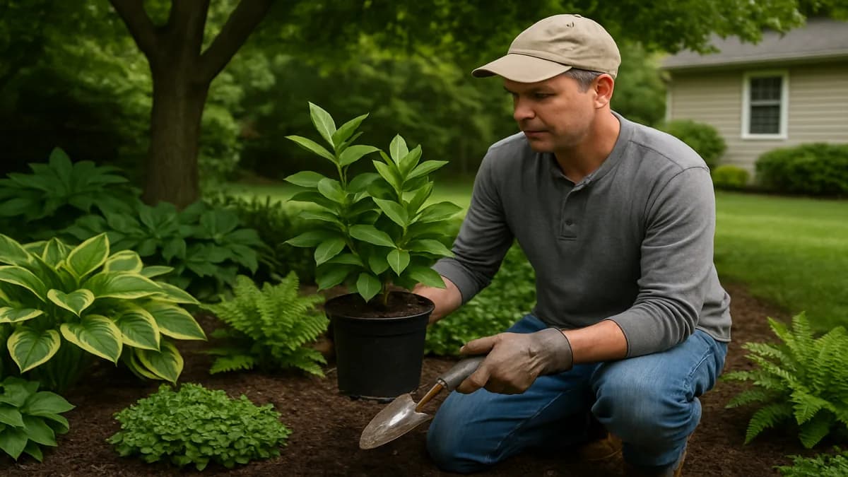A lush shade garden with layered shrubs, perennials, and groundcovers thriving under mature trees