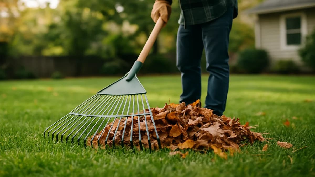Homeowner mulch-mowing a thick layer of fall leaves on a suburban lawn, with rakes and leaf bags in the background