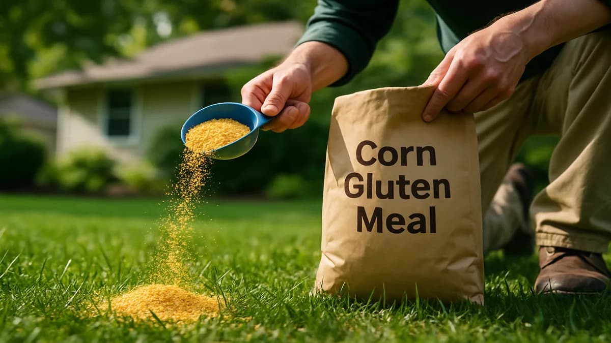 Corn gluten meal granules spread on a green lawn, showing real-world application