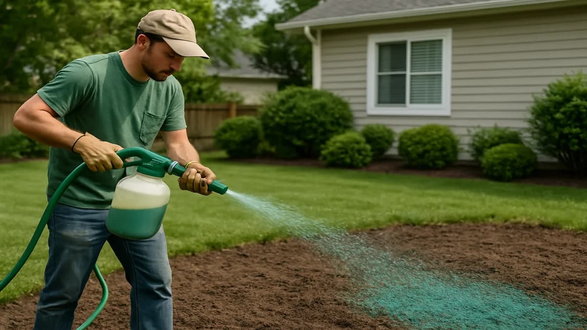 Homeowner using a hose-end hydroseeding kit to spray green slurry on a bare, sloped lawn area