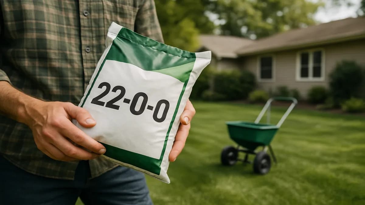 Close-up of a fertilizer bag showing NPK numbers, with granules on green grass