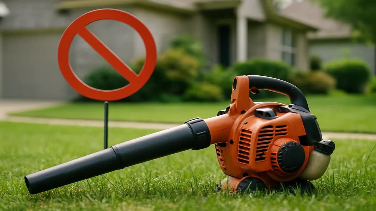 Homeowner raking leaves in a front yard, with a battery leaf blower on the porch and a red circle over a gas blower
