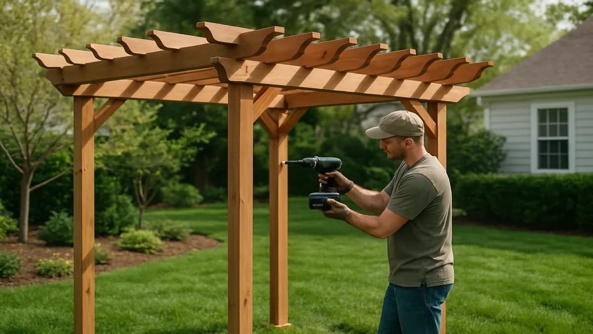 Backyard cedar pergola with open rafters, patio seating, and young climbing vines starting up the posts