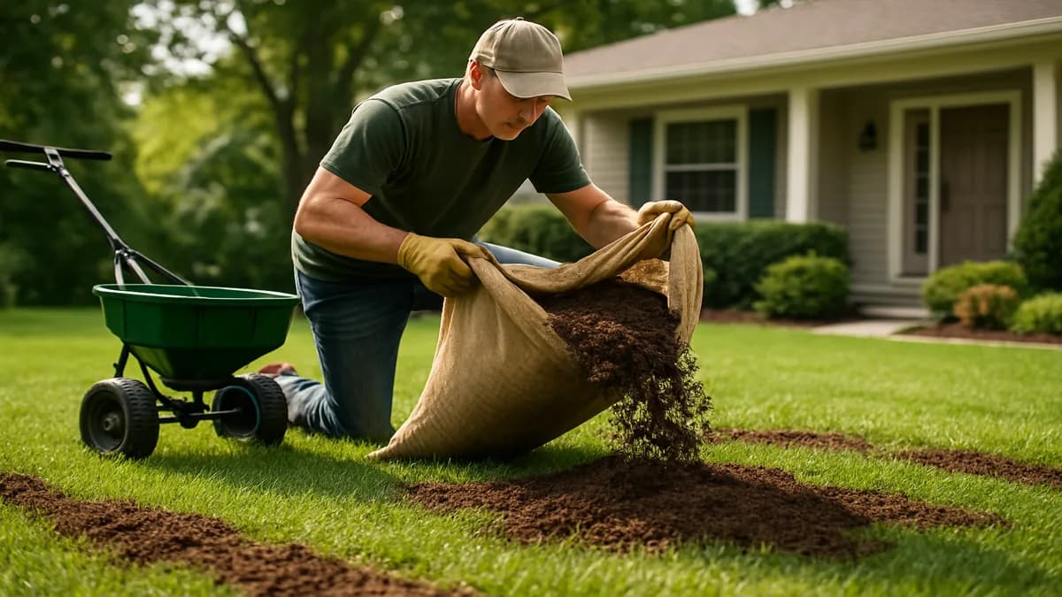 Homeowner spreading compost topdressing over a green lawn with a rake and wheelbarrow