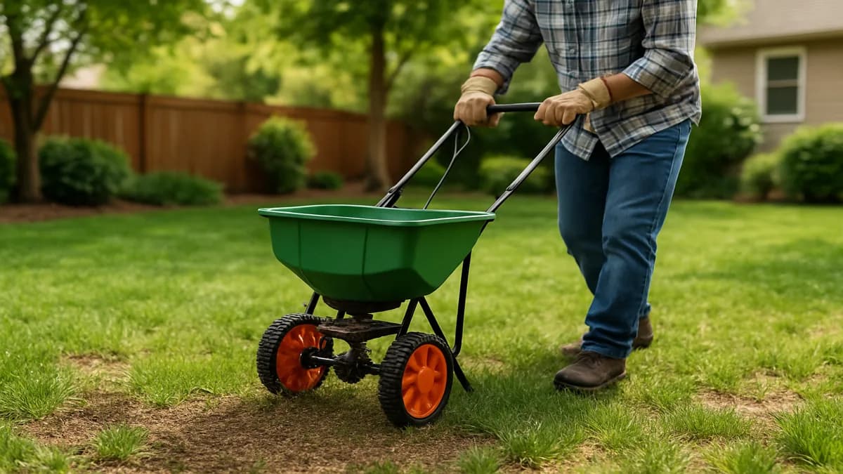 Homeowner using a broadcast spreader to overseed a thin patch of cool-season lawn in early fall