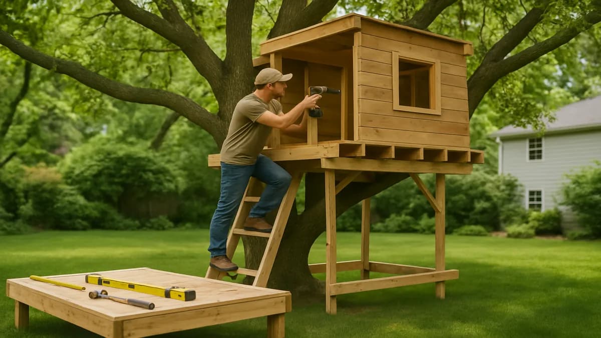 A sturdy wooden treehouse attached to a thick oak trunk with safe hardware and railings