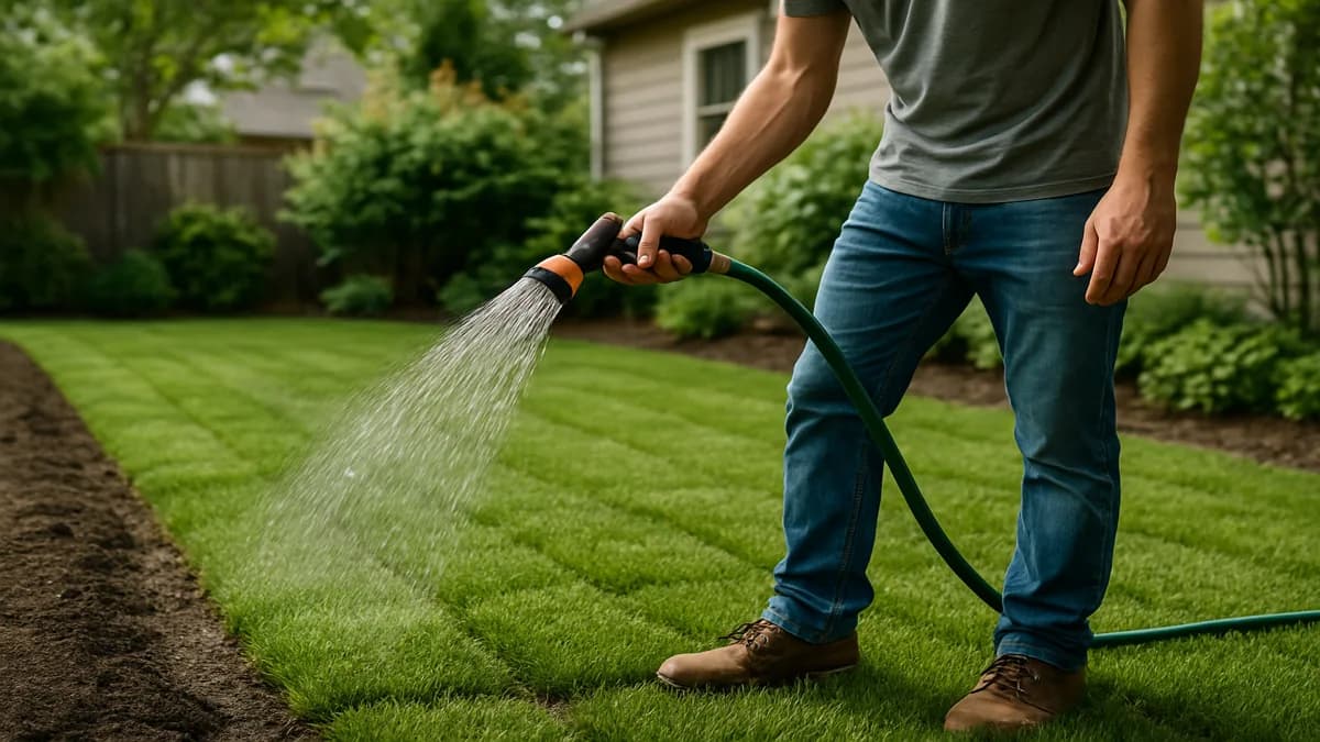 Close-up of new sod being watered with a hose and sprinkler, showing moist soil and bright green grass