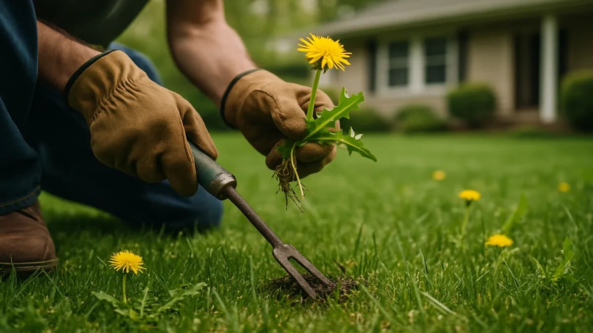 Dandelions with yellow flowers and deep roots in a patchy lawn
