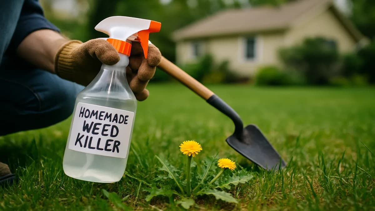 Spraying homemade vinegar weed killer on weeds in concrete driveway cracks