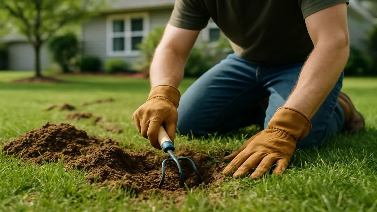 Homeowner flattening mole tunnels and spreading soil from a mole mound on a patchy green lawn