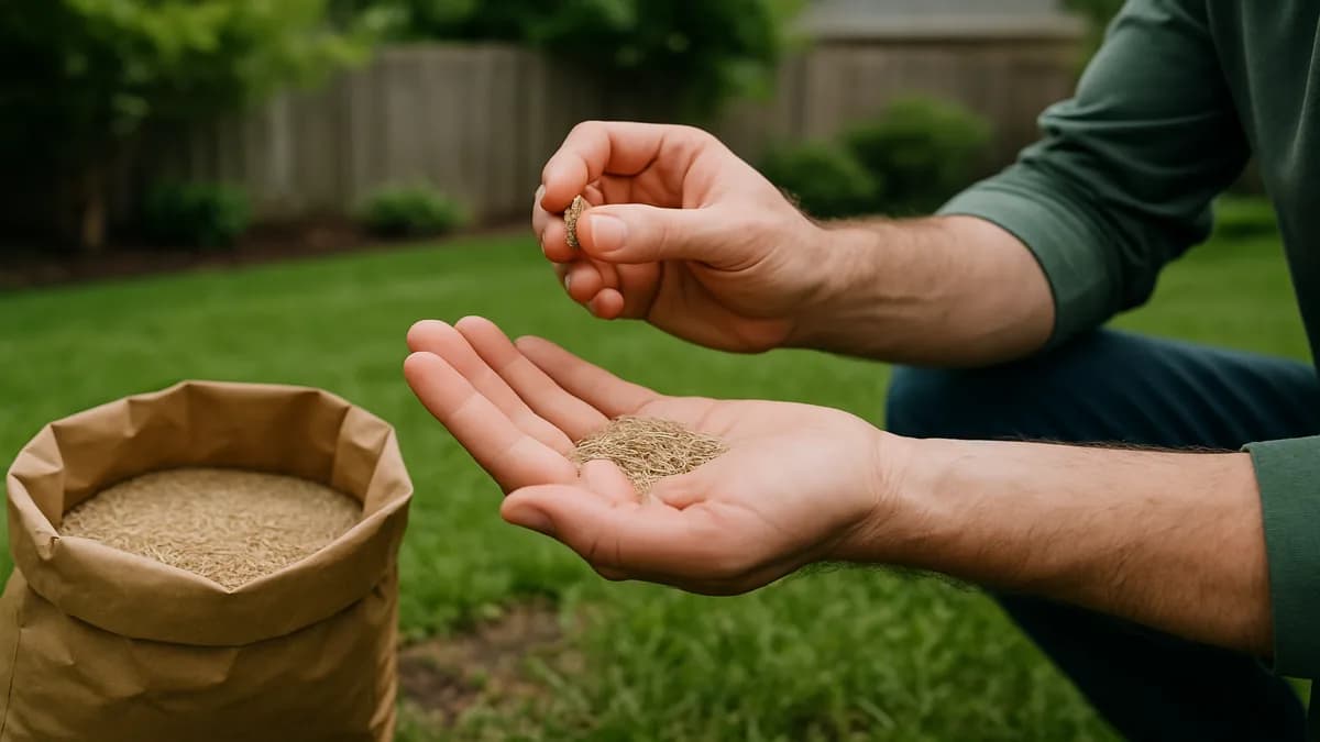 Hand checking a bag of grass seed for freshness, label visible, in a home garage