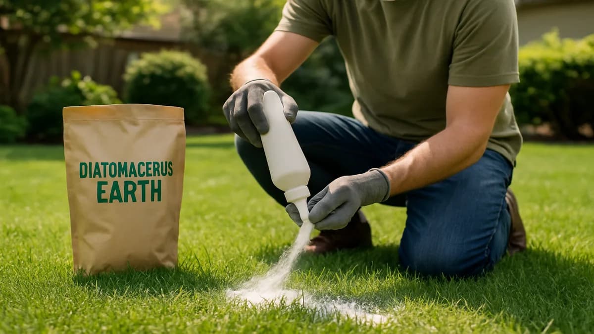 Sprinkling diatomaceous earth on carpet near a dog's bed