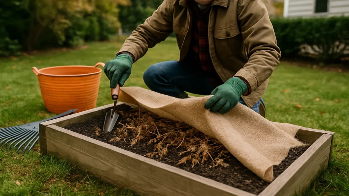 Late fall garden beds with mulch, protected roses, and drained hoses ready for winter