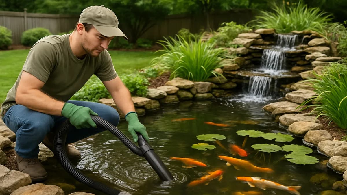 Clear backyard koi pond with visible koi, aquatic plants, and a working waterfall filter