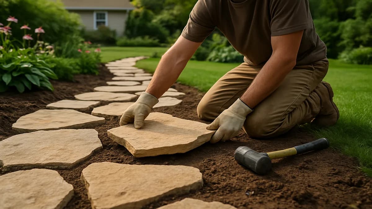Irregular flagstone patio with wide joints, surrounded by perennial garden beds