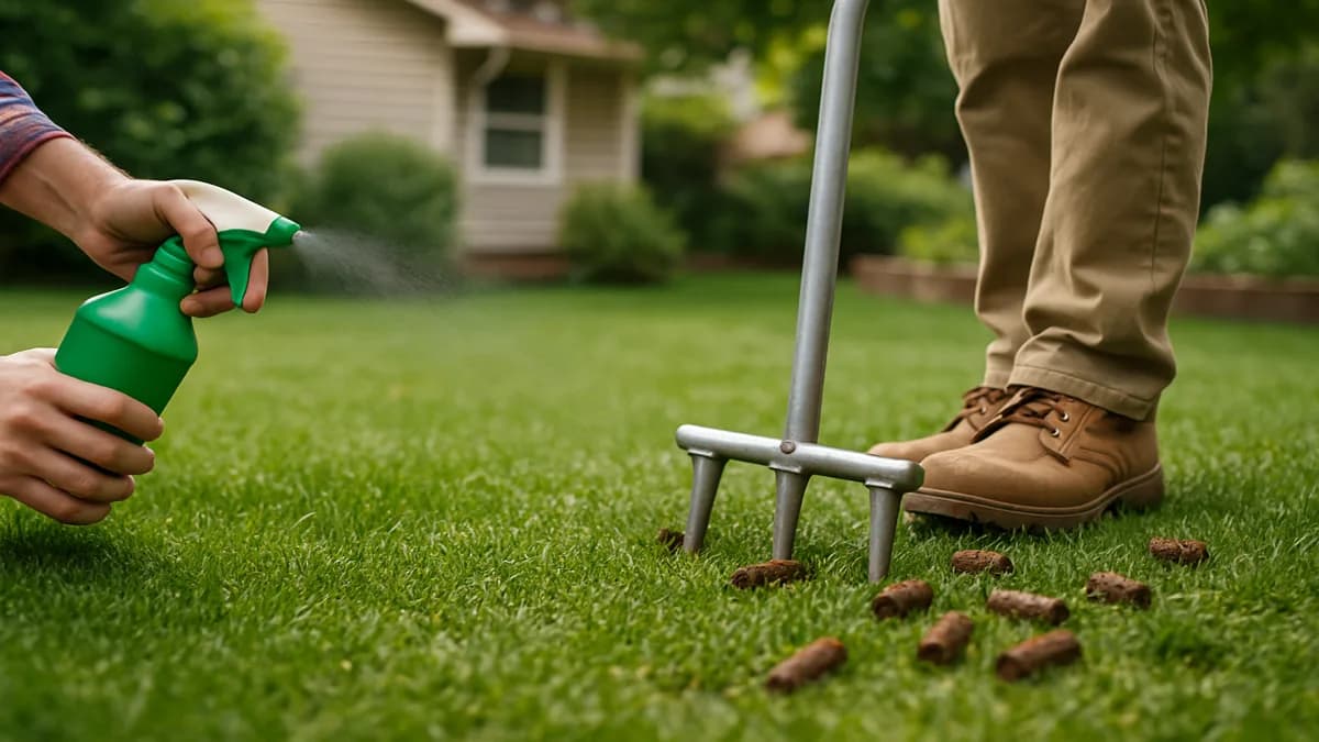 Lawn split in half: left side with visible soil plugs from core aeration, right side being sprayed with liquid aeration from a hose-end sprayer