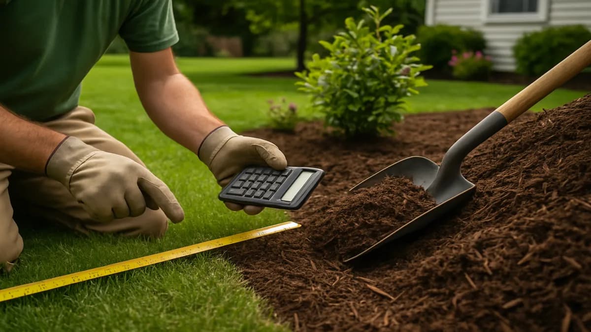 Homeowner measuring and spreading mulch in a garden bed, with both bagged and bulk mulch visible