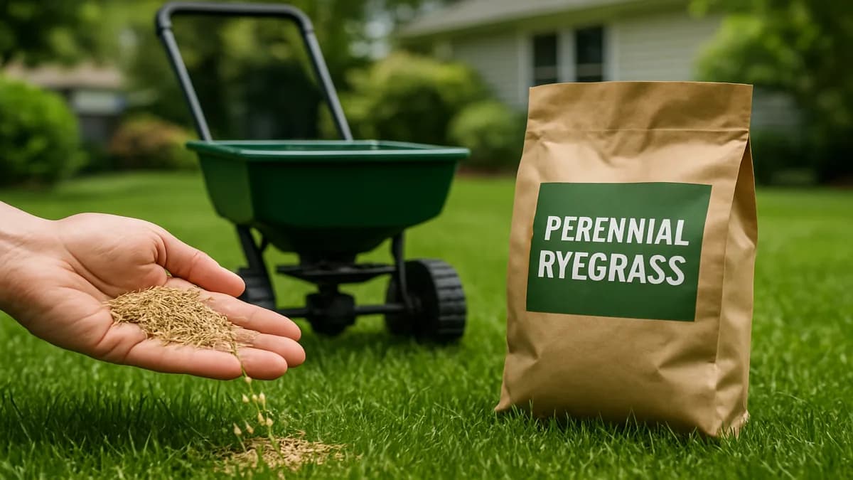 Close-up of a healthy perennial ryegrass lawn showing fine blades and lush green color
