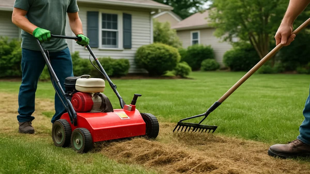 Side-by-side demonstration of a power rake and a vertical mower on a patchy lawn, showing different depths of debris removal