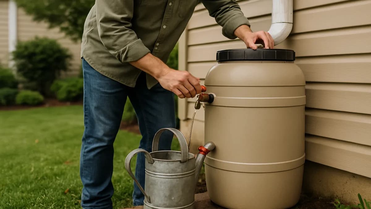 Three rain barrels connected to a downspout beside a vegetable garden and patio