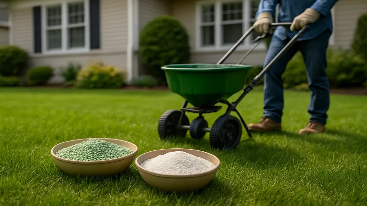 Close-up of granulated slow-release and quick-release fertilizers side by side on green grass