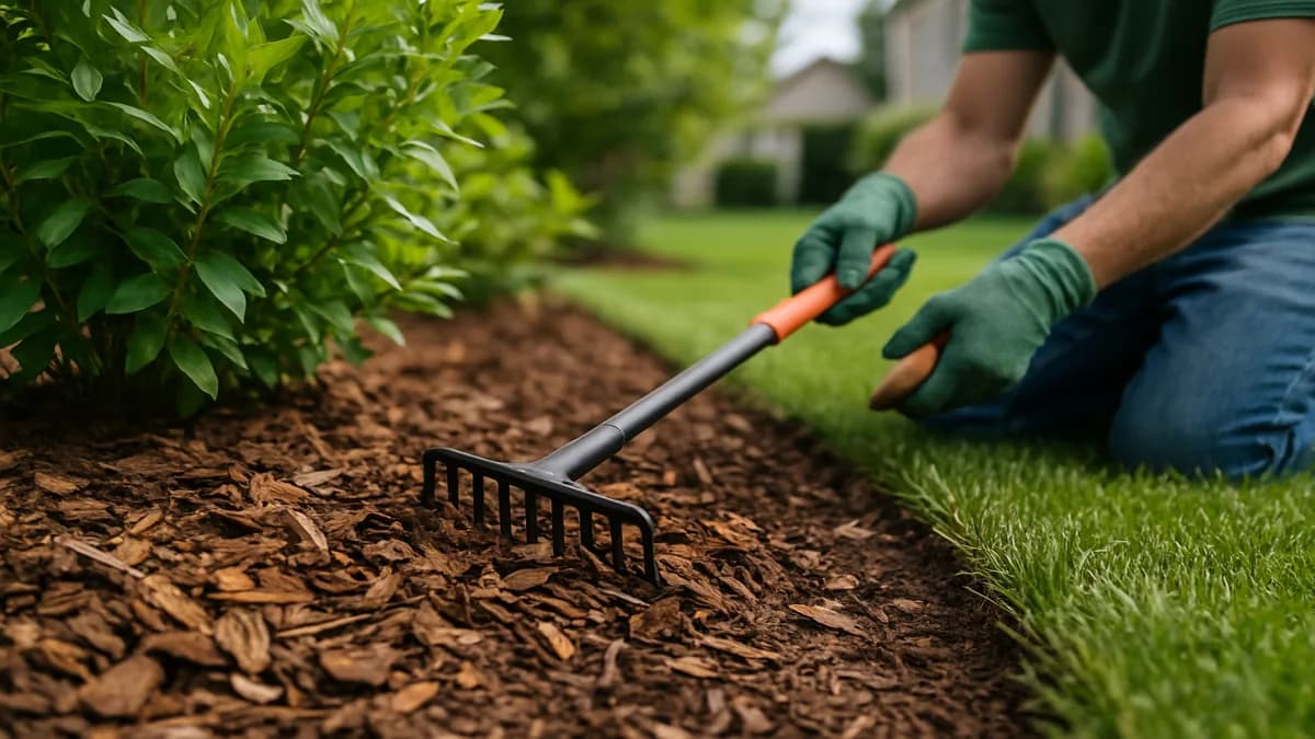 Close-up of different organic mulches,shredded hardwood, pine bark, pine straw, and compost,in a real garden bed with shrubs and perennials.