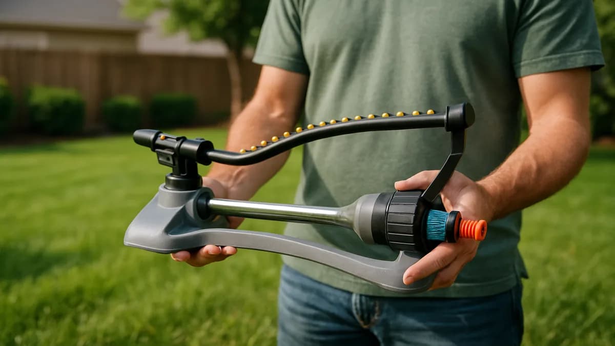 Close-up of three different sprinkler types watering a patchy suburban lawn