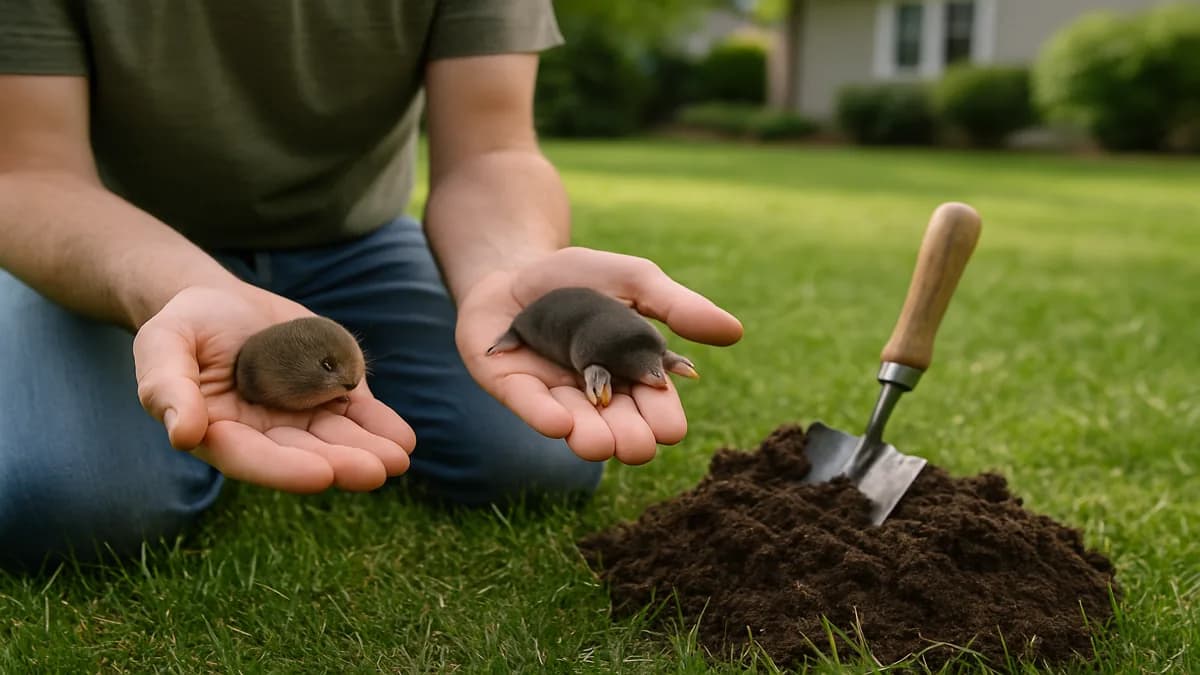 Side-by-side photo of a mole and a vole with typical lawn and garden damage visible