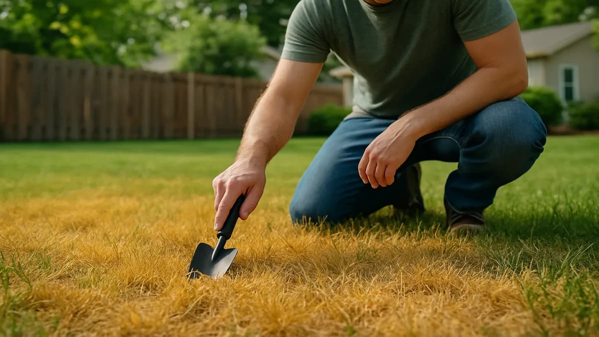 Lawn with scattered yellow spots, some ringed, some patchy, and a garden hose nearby